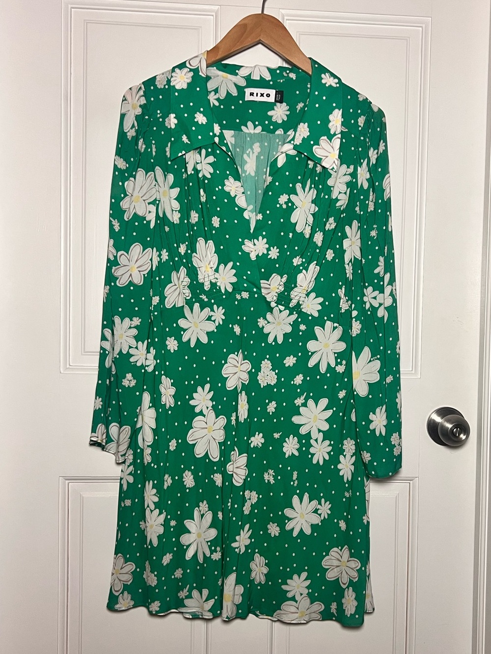 RIXO Emerald Green Daisy-Print Long Sleeve Mini Dress